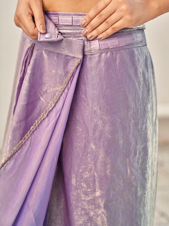 Ready to wear two tone purple and gold colored jimmy choo saree with embellished border